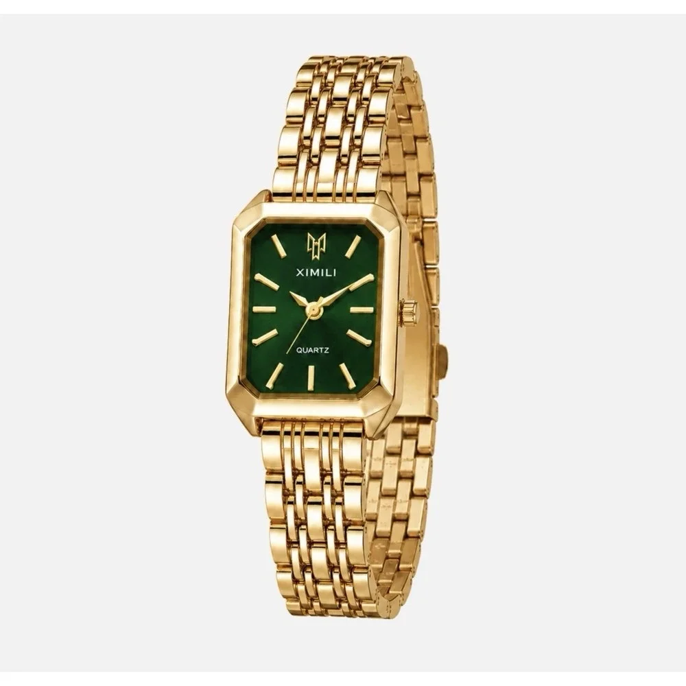 XIMILI Women's Quartz Gold Tone Bracelet Watch Green Dial Rectangular Dress